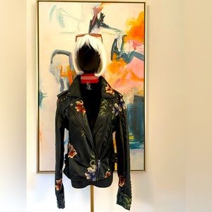 Vegan Leather Jacket distressed look. Floral embroidered. Black/red/ blue/green.